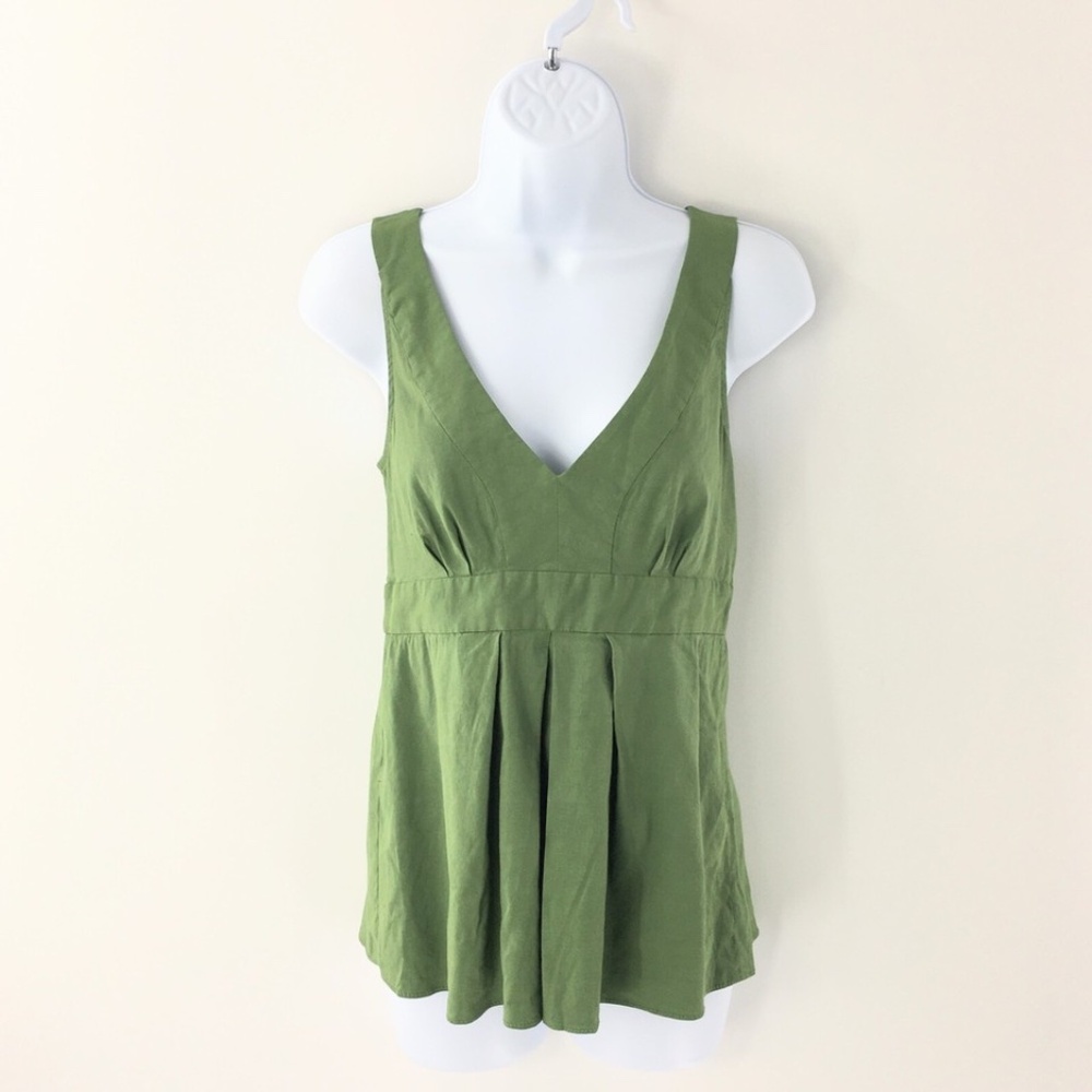 Theory Women Blouse V Neck Crunch Linen Green Side Zip Sz P